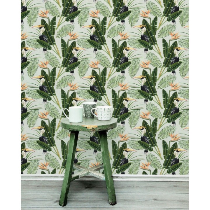 Papel pintado aves y vegetación estilo tropical - Paradise Garden 127905