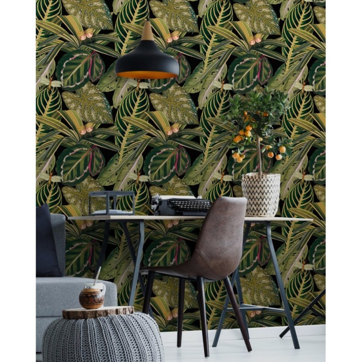 Papel pintado hojas grandes fondo negro estilo tropical - Inchis Leaves 127930