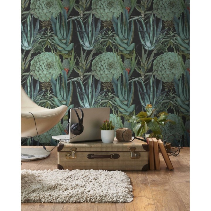 Papel pintado jardín mexicano con ágave fondo negro - Tijuana Garden 127938