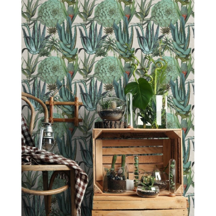 Papel pintado jardín mexicano con ágave fondo claro - Tijuana Garden 127939