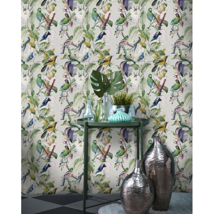 Papel pintado pajaritos de colores en ramas - Zia Spring 127943