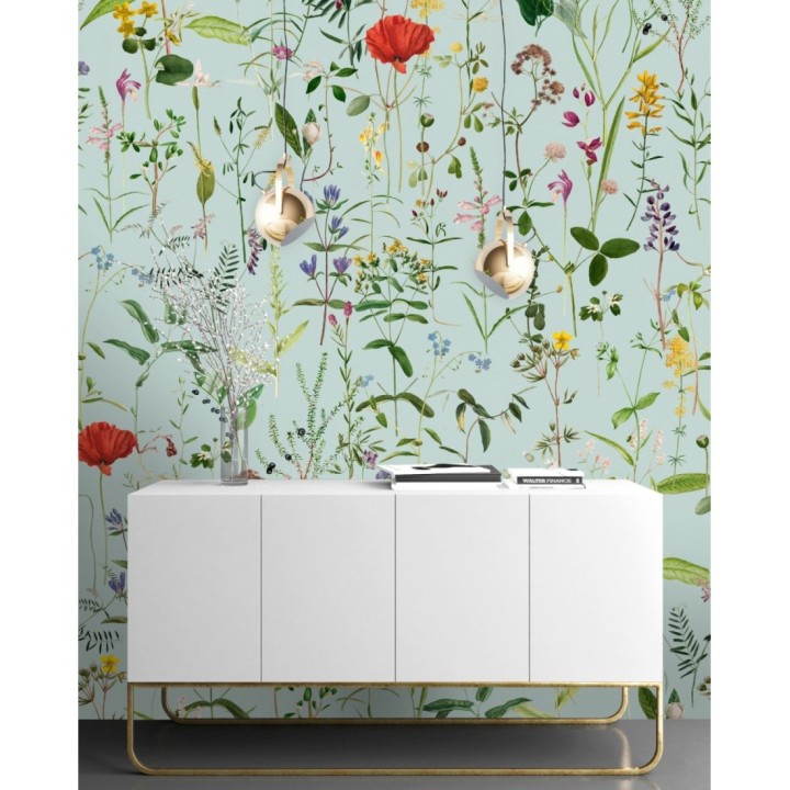 Papel pintado amapolas entre florecillas silvestres fondo verde agua - Maci Blossom 127945