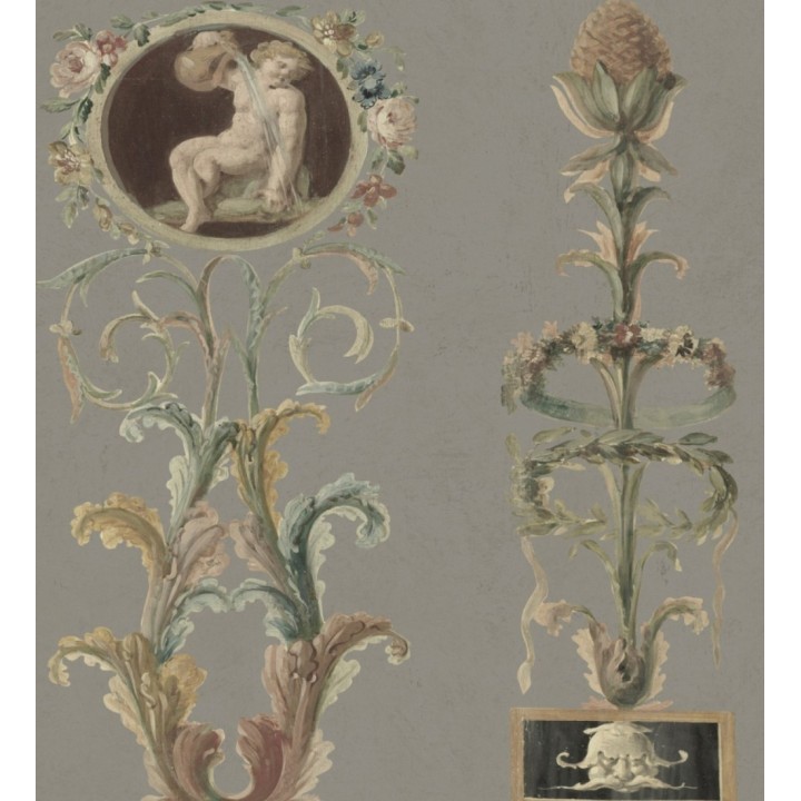 Papel pintado volutas ornamentales con retrato camafeo - Penville 127961