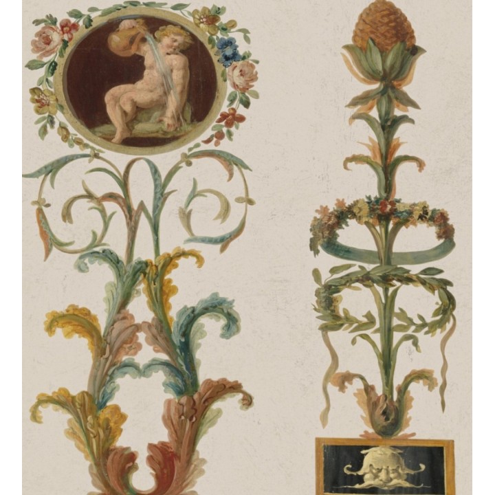 Papel pintado volutas ornamentales con retrato camafeo - Penville 127962