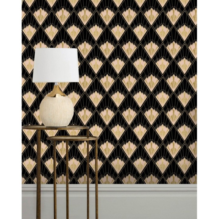 Papel pintado rombos con fondo negro estilo art decó - Evantai 128002
