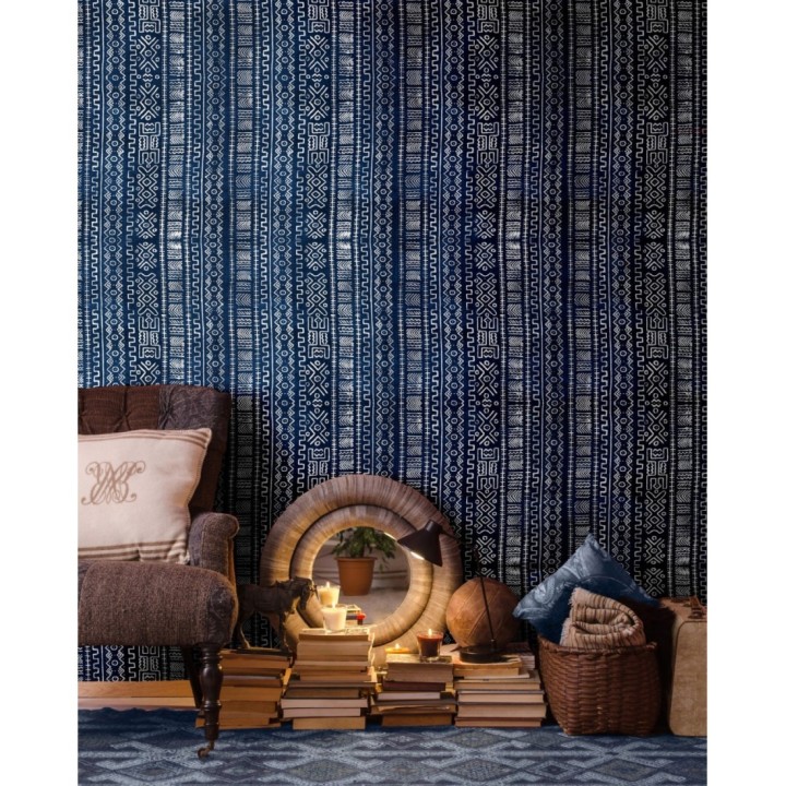 Papel pintado tapiz egipcio azul y blanco - Nibori 128038