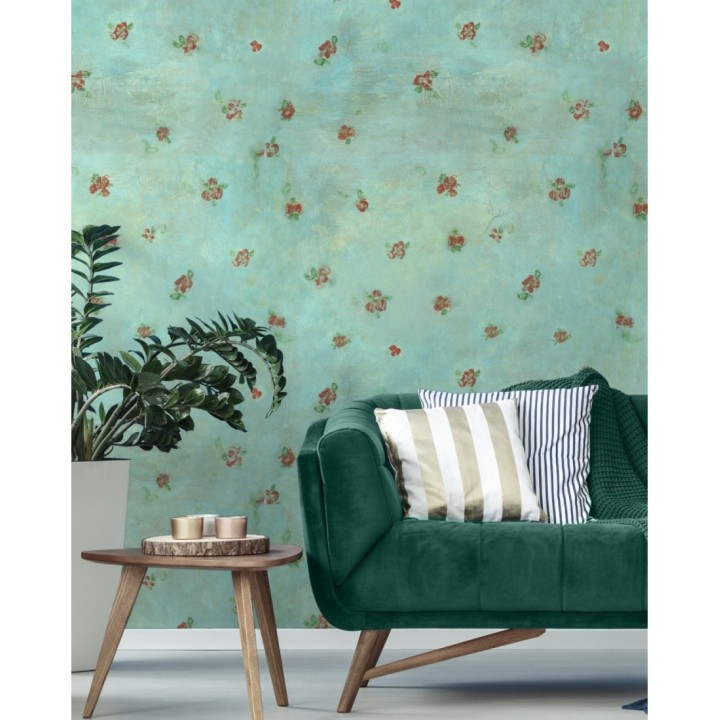 Papel pintado florecillas pequeñas fondo turquesa - Viorica Flowers 128043