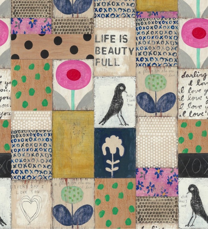 Papel pintado infantil collage de animales, flores y letras - Life Is Beautiful 128048