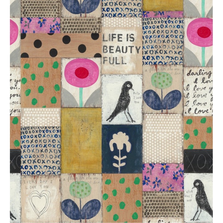 Papel pintado infantil collage de animales, flores y letras - Life Is Beautiful 128048