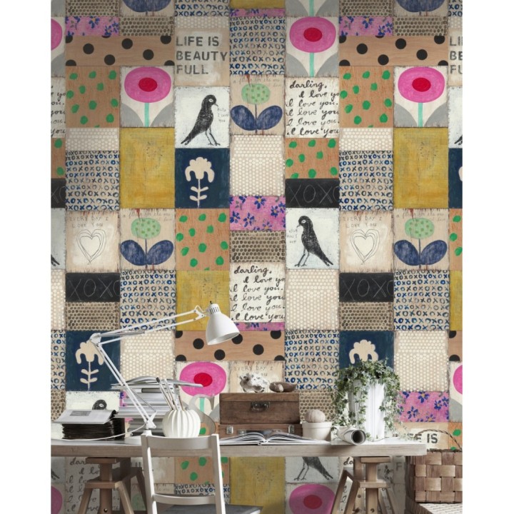 Papel pintado infantil collage de animales, flores y letras - Life Is Beautiful 128048