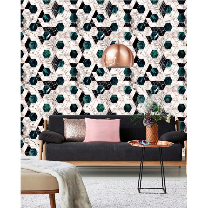 Papel pintado geométrico pentágonos sobre mármol art decó - Luxos 128057