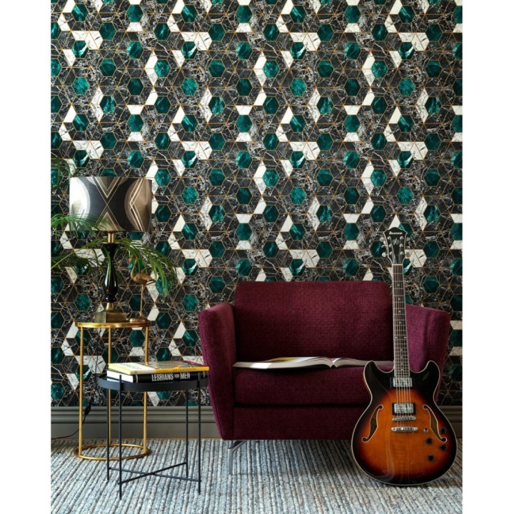 Papel pintado geométrico pentágonos sobre mármol art decó - Luxos 128058