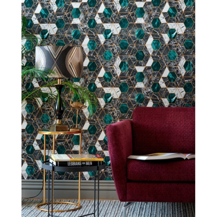 Papel pintado geométrico pentágonos sobre mármol art decó - Luxos 128058