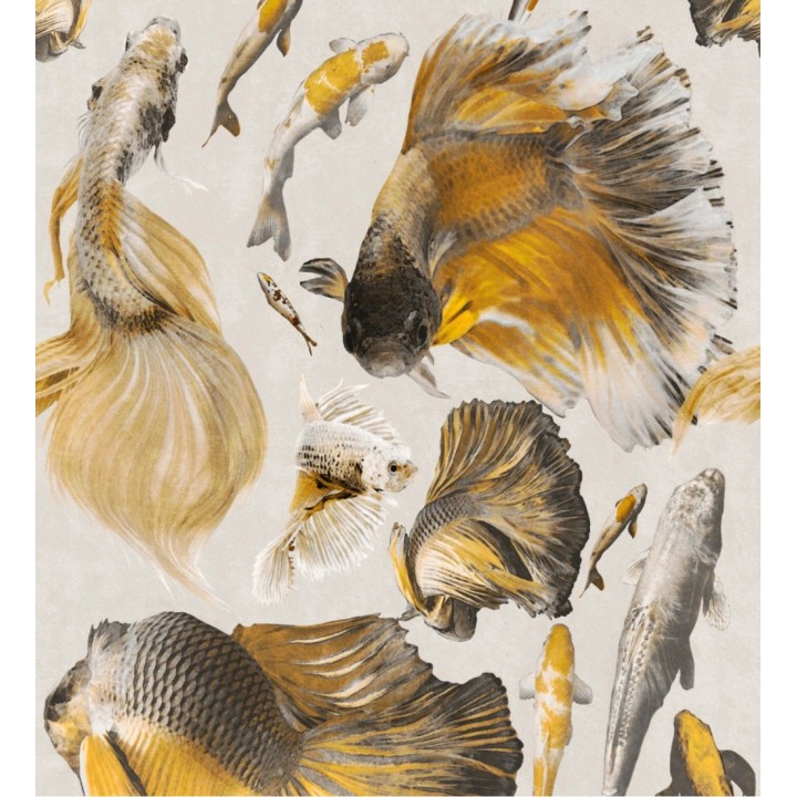 Papel pintado peces japoneses tonos tostados y grises - Kumanomi 128066