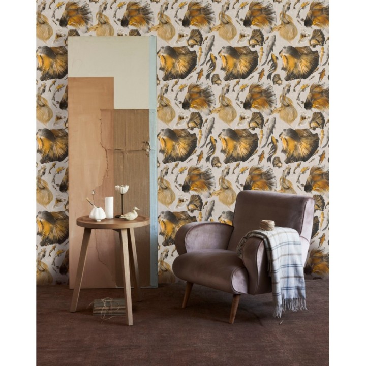 Papel pintado peces japoneses tonos tostados y grises - Kumanomi 128066