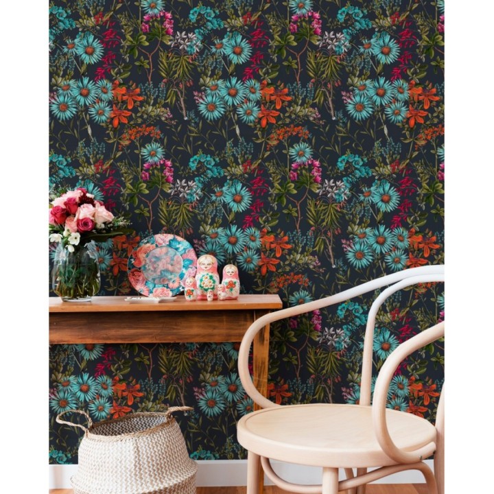 Papel pintado flores de colores fondo oscuro - Sabah Flowers 128073