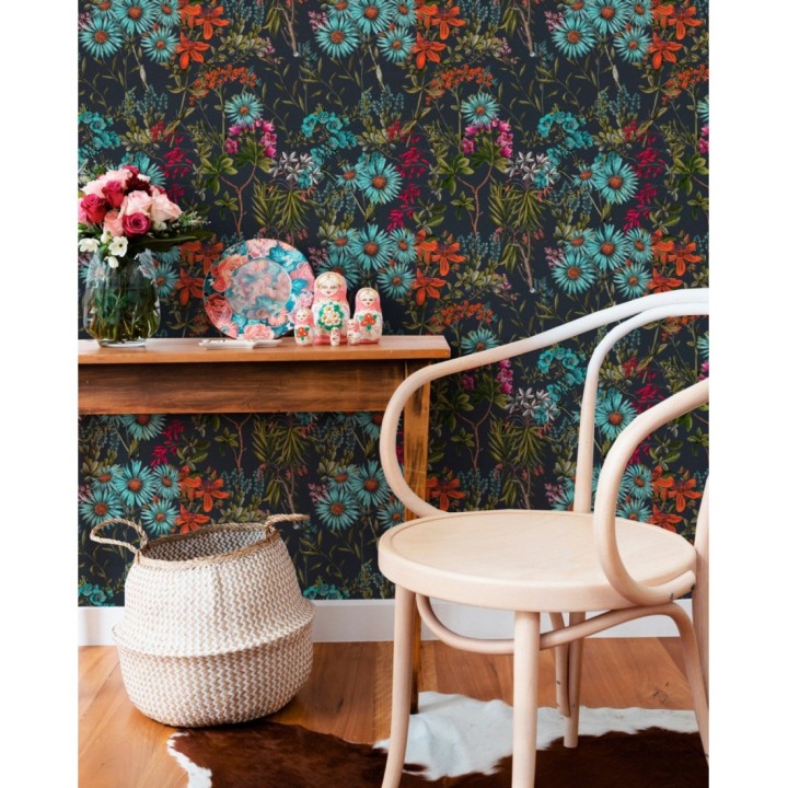 Papel pintado flores de colores fondo oscuro - Sabah Flowers 128073