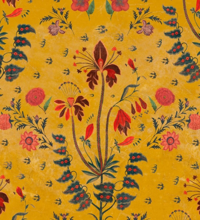 Papel pintado flores japonesas fondo amarillo - Aiko Garden 128075