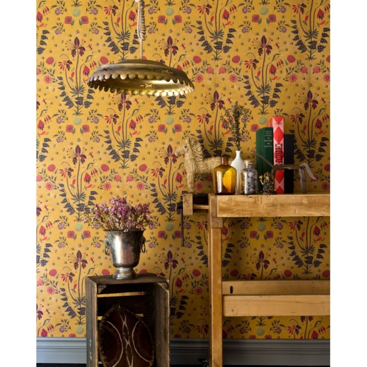 Papel pintado flores japonesas fondo amarillo - Aiko Garden 128075