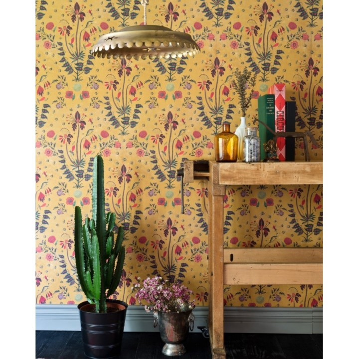 Papel pintado flores japonesas fondo amarillo - Aiko Garden 128075