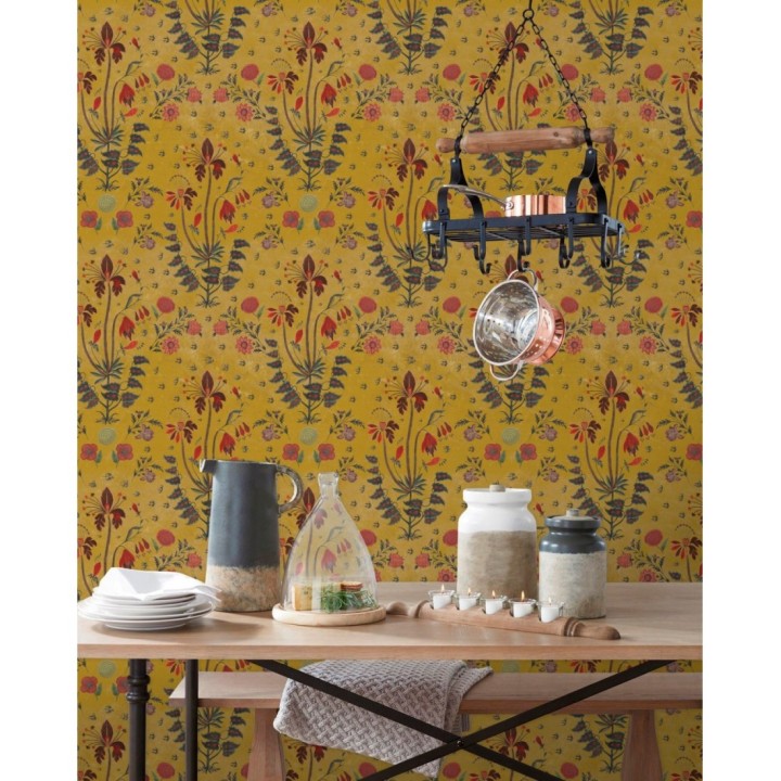 Papel pintado flores japonesas fondo amarillo - Aiko Garden 128075