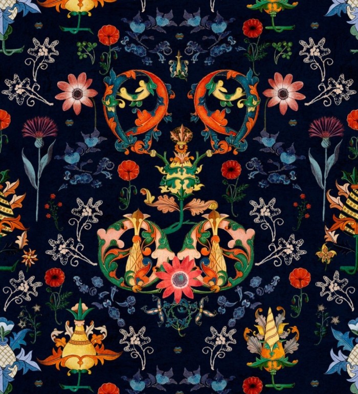 Papel pintado flores estilo oriental fondo oscuro - Dahlia 128076