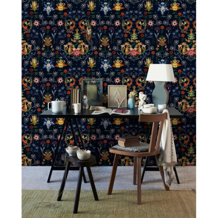 Papel pintado flores estilo oriental fondo oscuro - Dahlia 128076