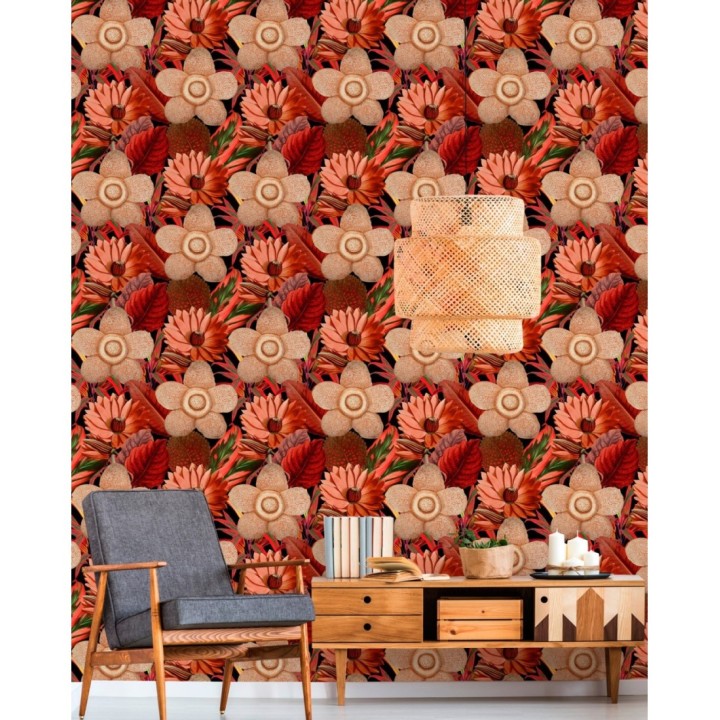 Papel pintado flores grandes tonos rojos fondo oscuro - Chiara Blossom 128080