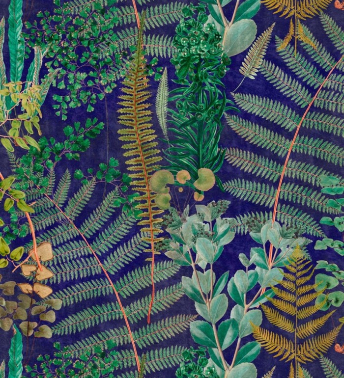 Papel pintado hojas de helecho fondo azul - Feriga Forest 128082