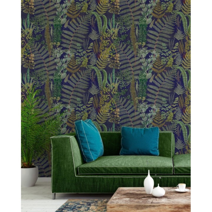Papel pintado hojas de helecho fondo azul - Feriga Forest 128082
