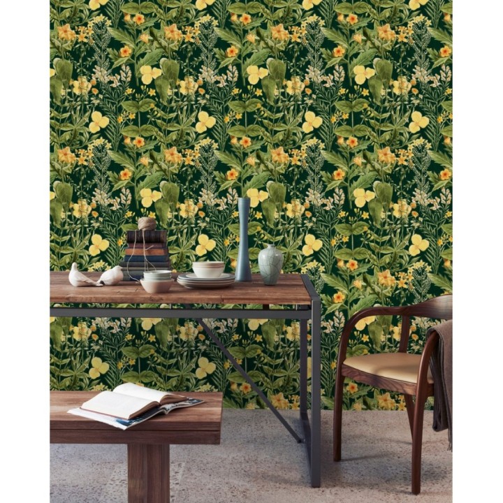 Papel pintado flores amarillas fondo oscuro - Idara Flowers 128086