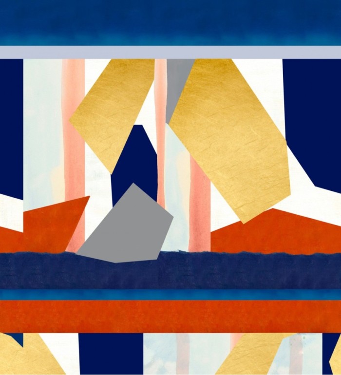 Papel pintado abstracto azul, amarillo y teja - Novak 128090