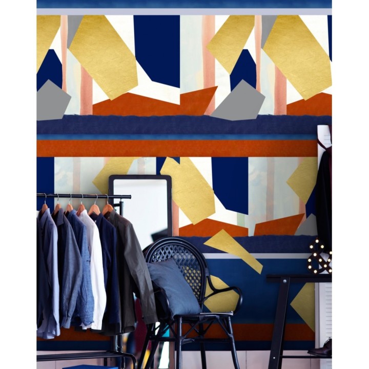 Papel pintado abstracto azul, amarillo y teja - Novak 128090