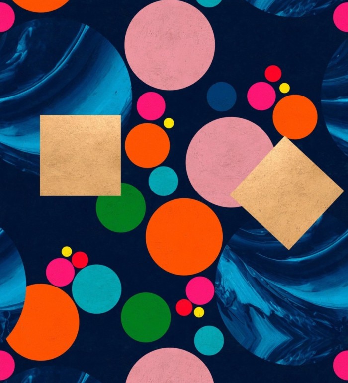 Papel pintado geométrico círculos y cuadrados de colores fondo oscuro - Ironic 128093