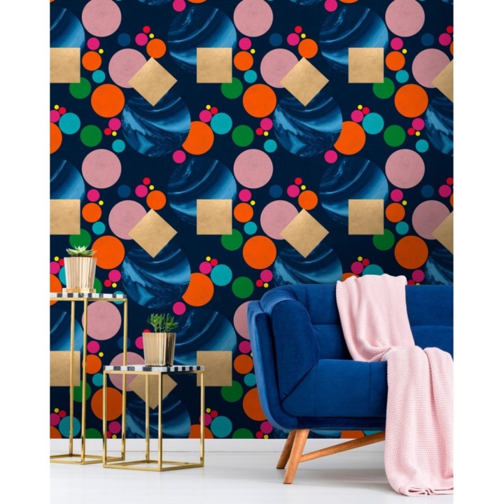 Papel pintado geométrico círculos y cuadrados de colores fondo oscuro - Ironic 128093