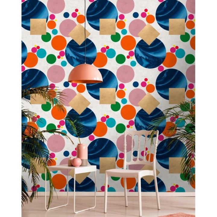 Papel pintado geométrico círculos y cuadrados de colores fondo claro - Ironic 128094