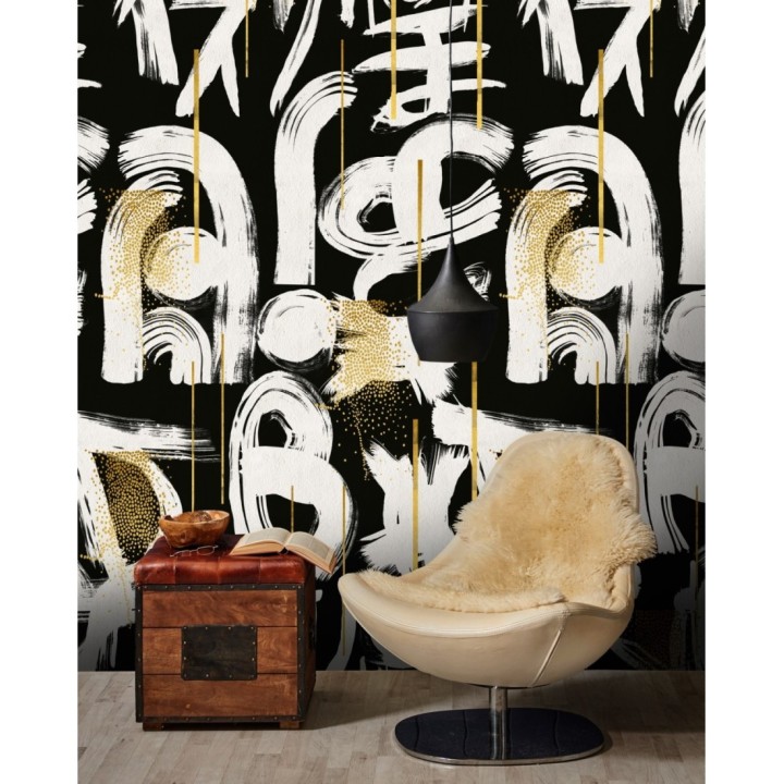 Papel pintado trazos abstractos fondo negro - Ebony And Ivory 128095