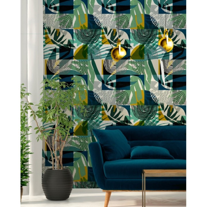 Papel pintado cuadrículas dibujos abstractos - Nolan Leaves 128100