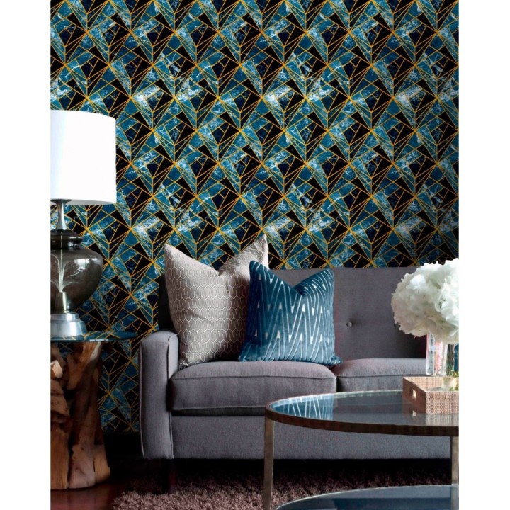 Papel pintado geométrico tonos azules estilo art decó - Wired Luxury 128115