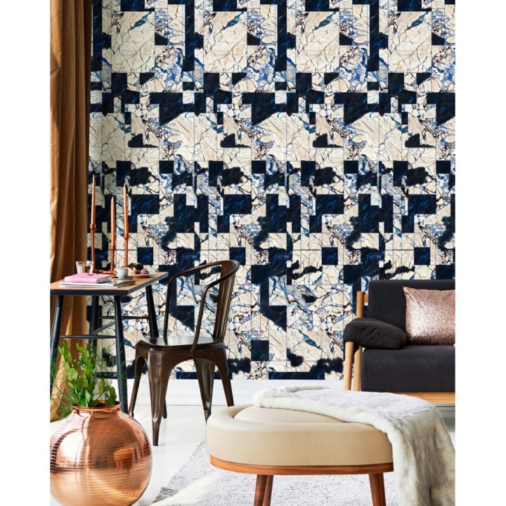 Papel pintado azulejos imitación mármol beige y azul - Duarte Hall 128118