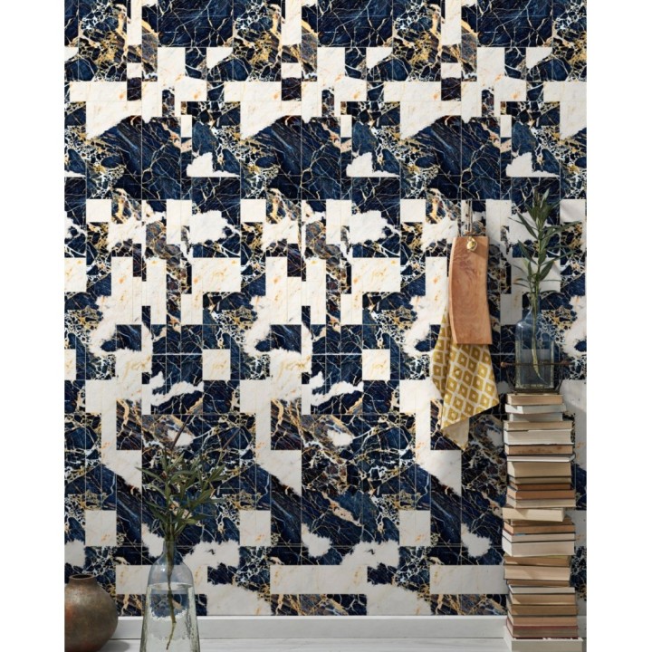 Papel pintado azulejos imitación mármol beige y azul - Duarte Hall 128119