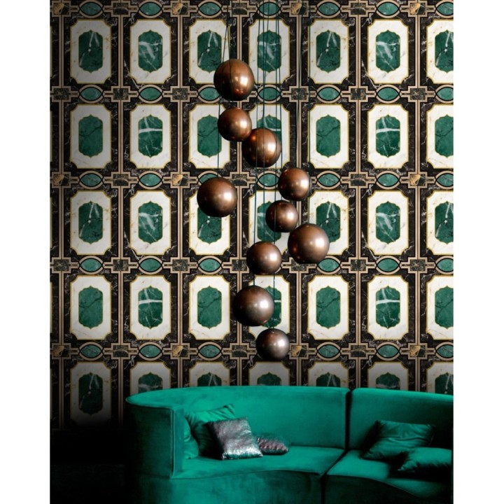 Papel pintado ornamental mármol verde fondo negro - Ivory Palace 128120
