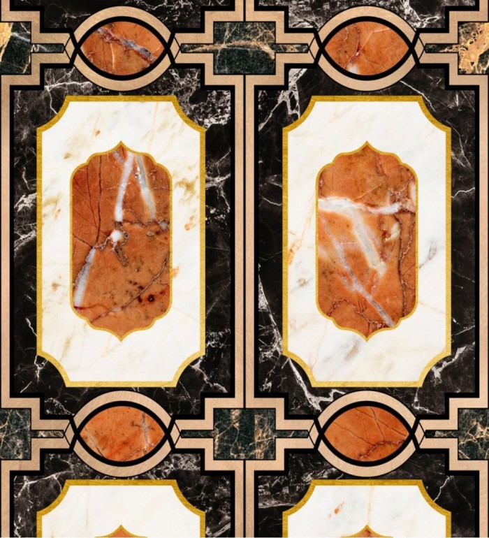 Papel pintado ornamental mármol naranja fondo negro - Ivory Palace 128121