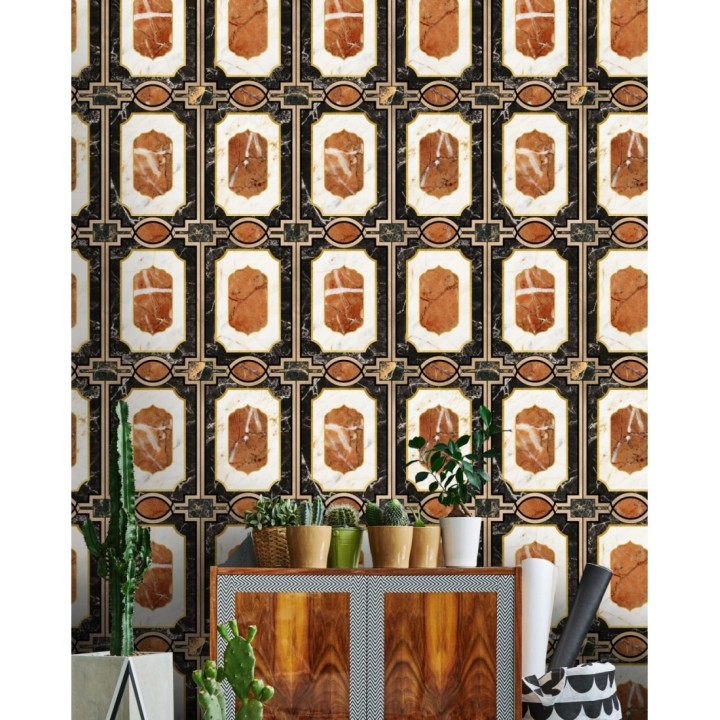 Papel pintado ornamental mármol naranja fondo negro - Ivory Palace 128121