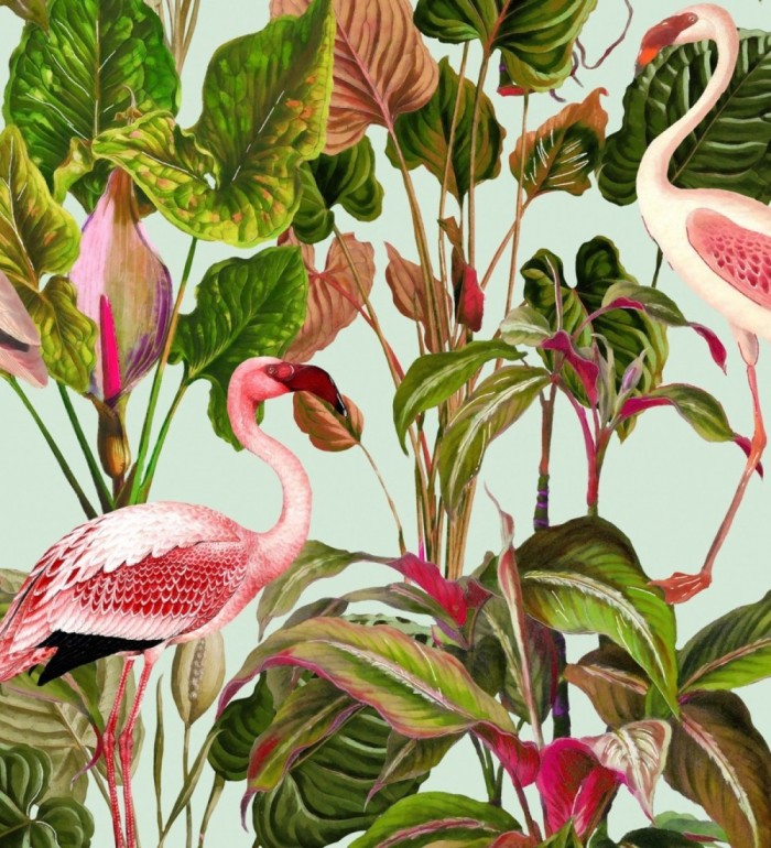 Papel pintado flamencos rosas en la vegetación tropical - Pink Wader 128122