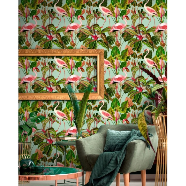 Papel pintado flamencos rosas en la vegetación tropical - Pink Wader 128122