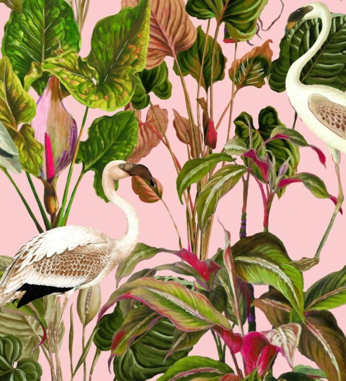 Papel pintado flamencos beiges en la vegetación tropical - Pink Wader 128123