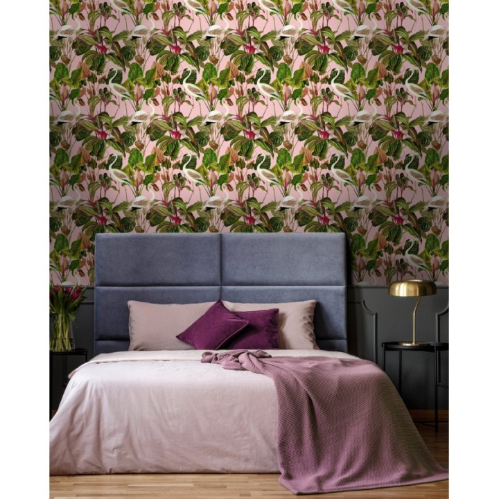 Papel pintado flamencos beiges en la vegetación tropical - Pink Wader 128123