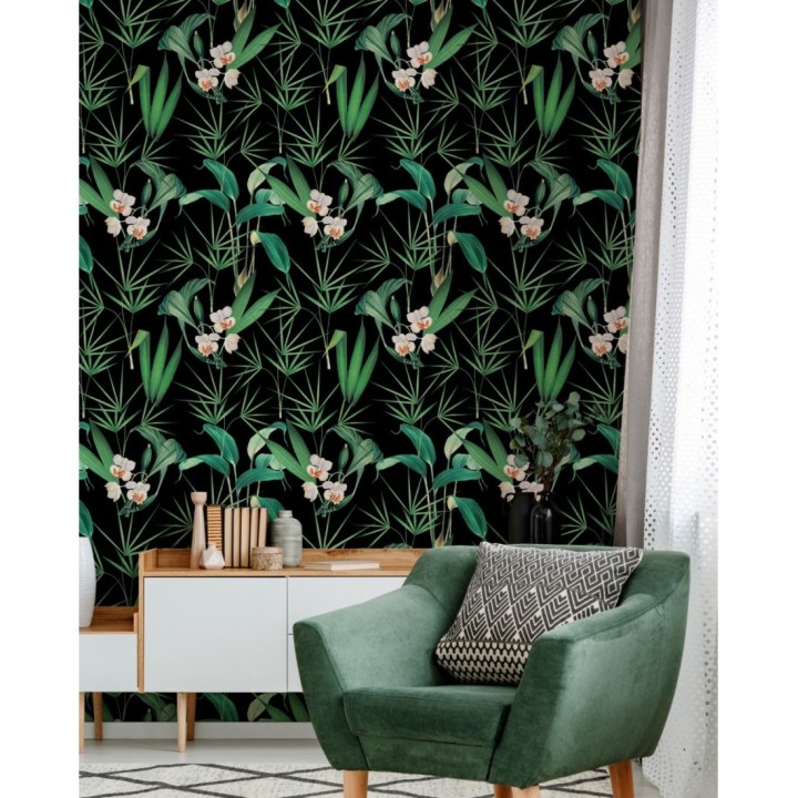 Papel pintado flores blancas y hojas con fondo oscuro - Palms Hunting 128124