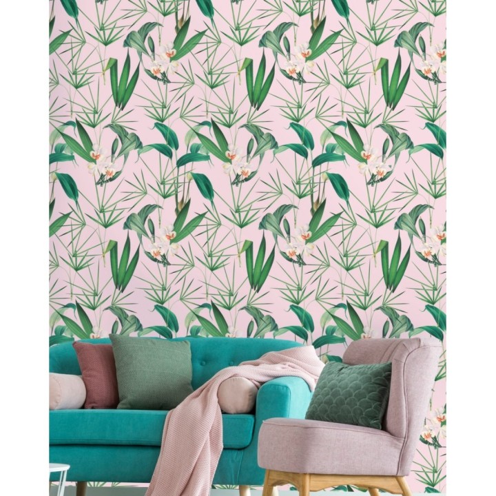 Papel pintado flores blancas y hojas con fondo rosa pálido - Palms Hunting 128125
